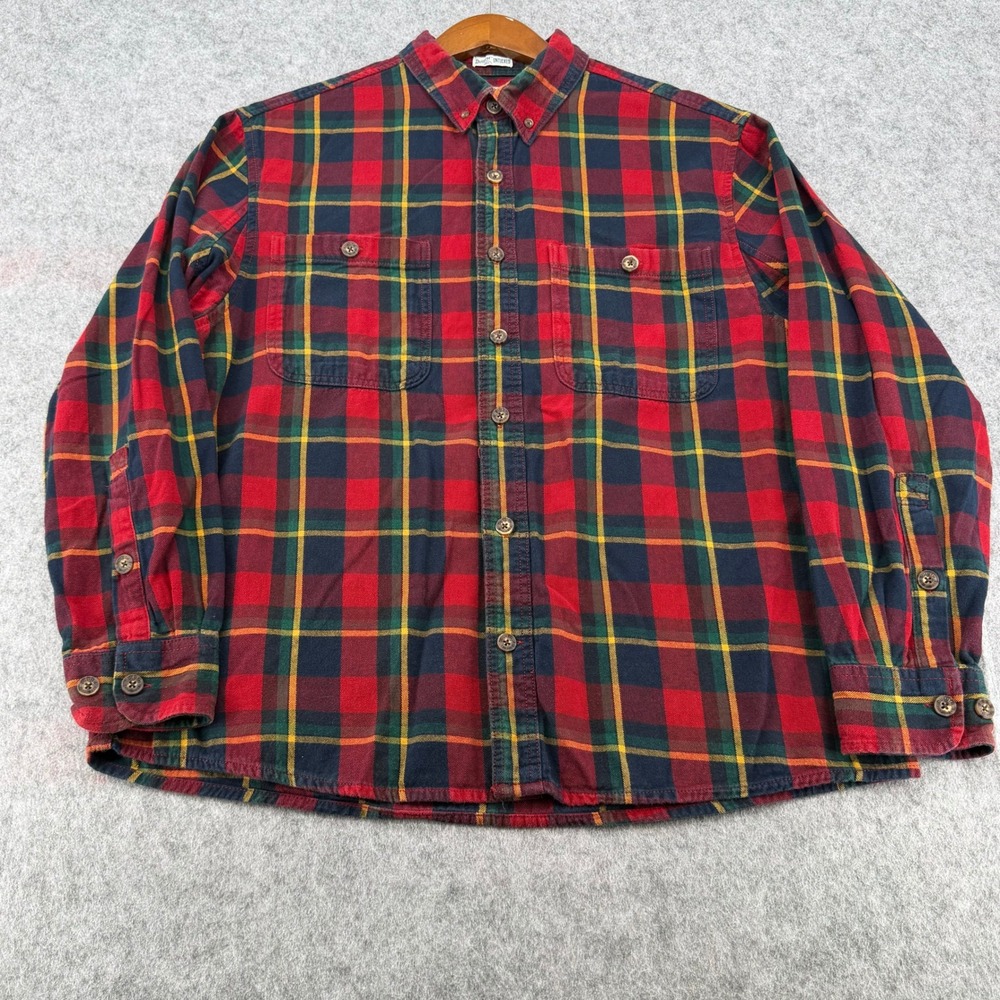 Duluth Trading Co Untucked Flannel Shirt Mens Large Red Plaid Cotton Relaxed Fit